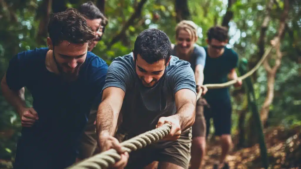 Groupe de personnes tirant une corde en pleine nature.