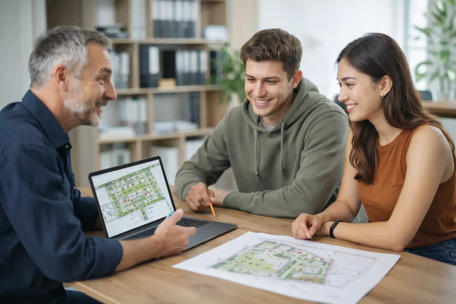 Réunion autour d'un plan de projet architectural.