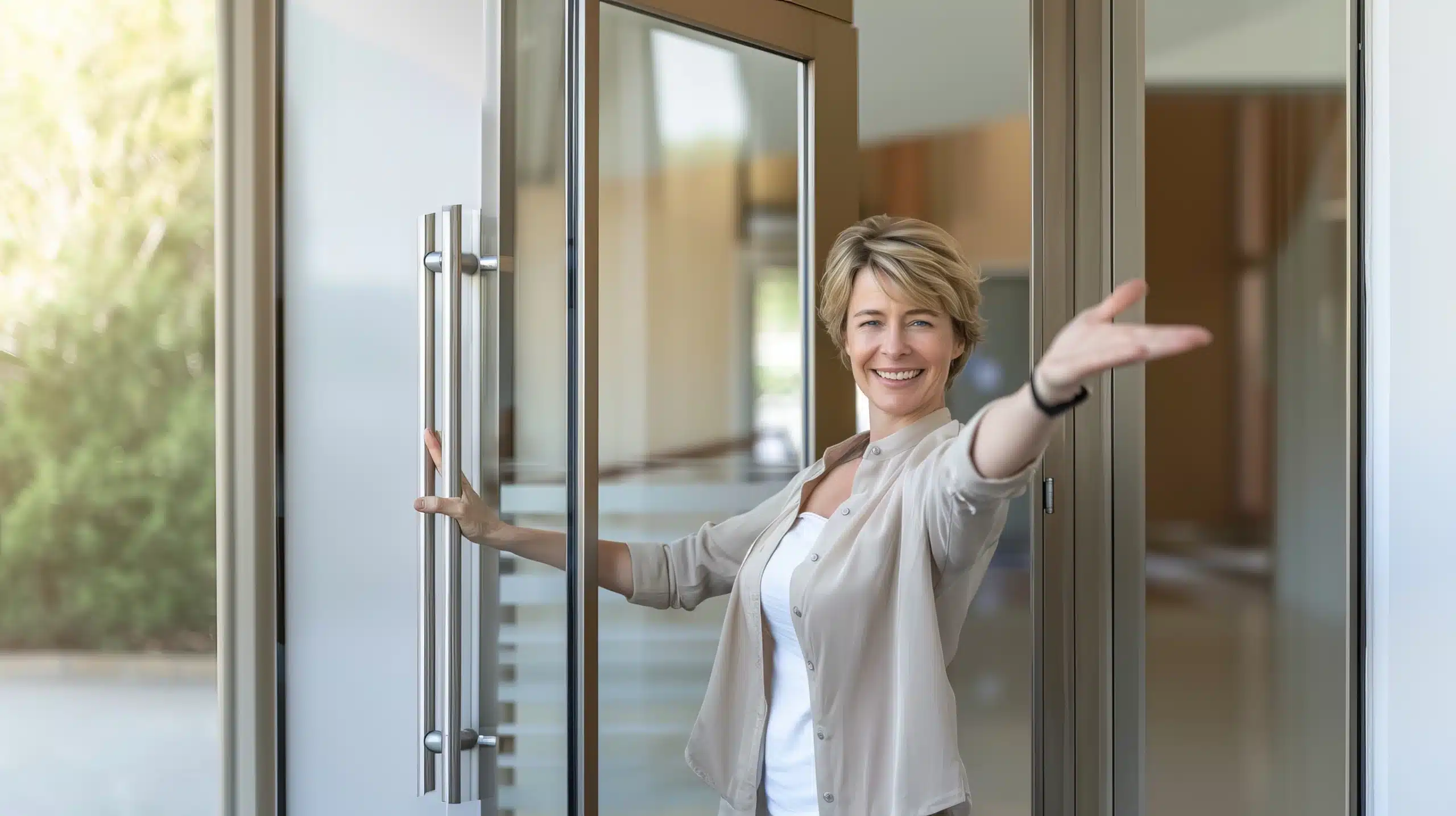 Femme souriante accueillant à la porte.