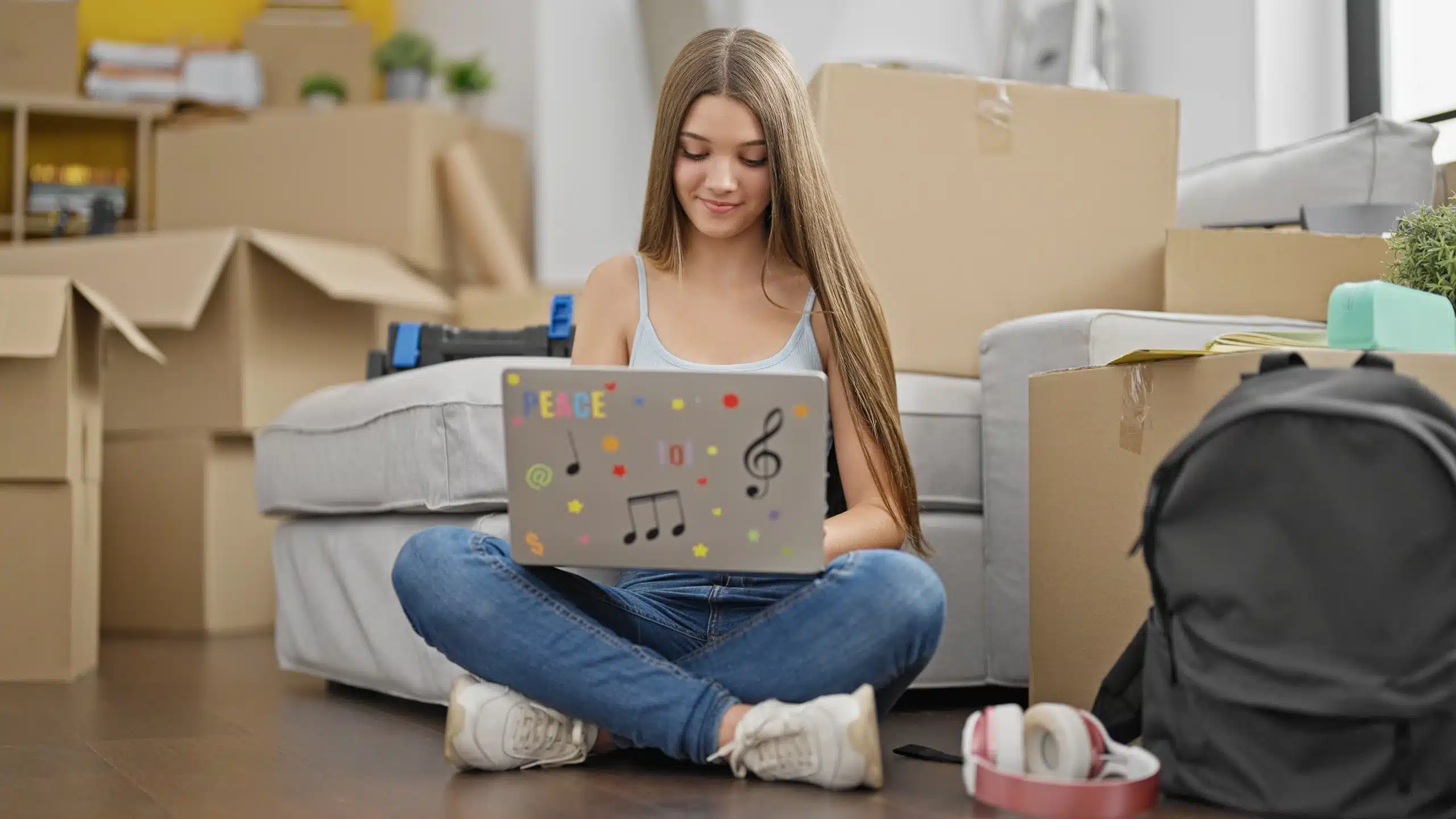Fille utilisant un ordinateur portable dans un environnement de déménagement.